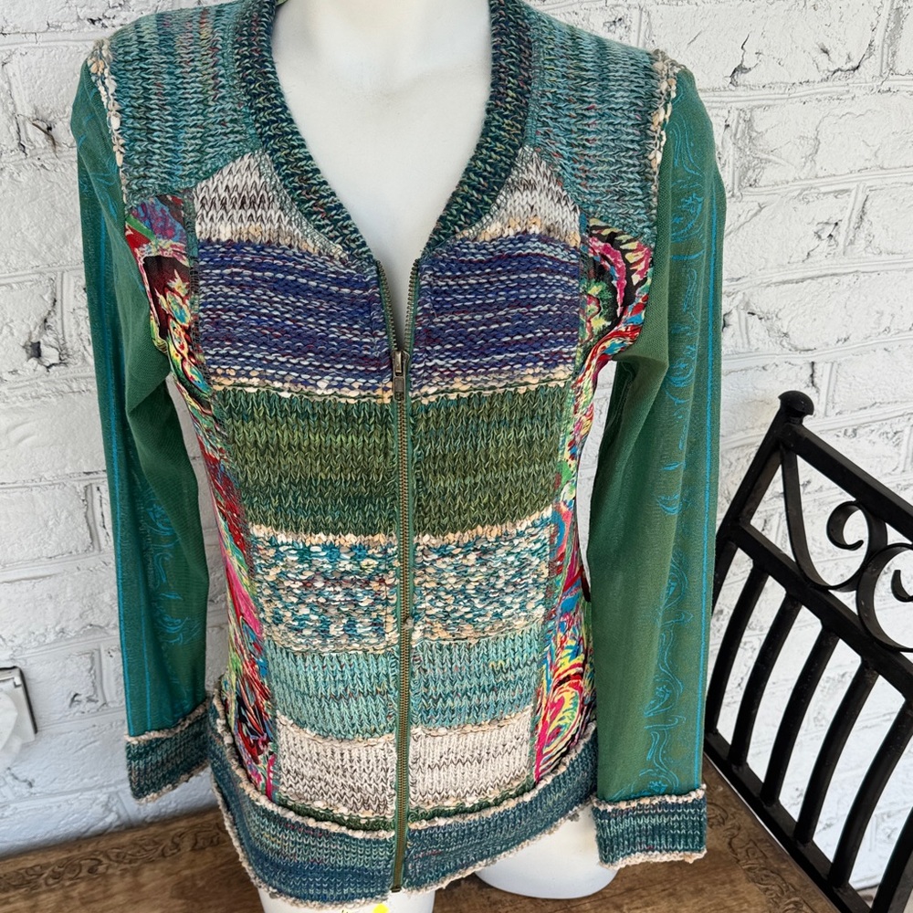 Kaktus Green Patchwork V-Neck Zip Cardigan Sweater